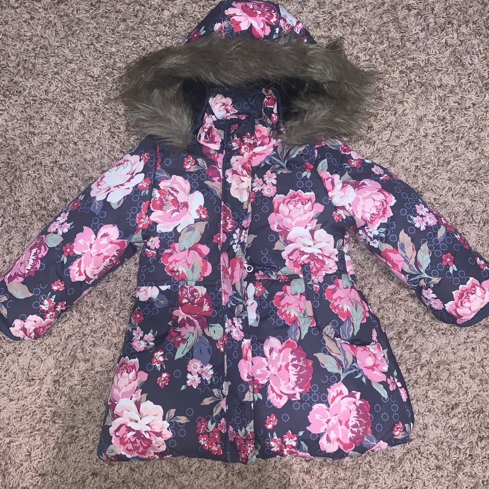 Girls Floral Puffer Coat with Fur Collar